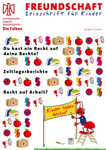 Titelseite der Freundschaft 3-2104 mit Symbolen zum Thema Kinderrechte wie Megafon, Arztkoffer, Ball und Paragrafenzeichen